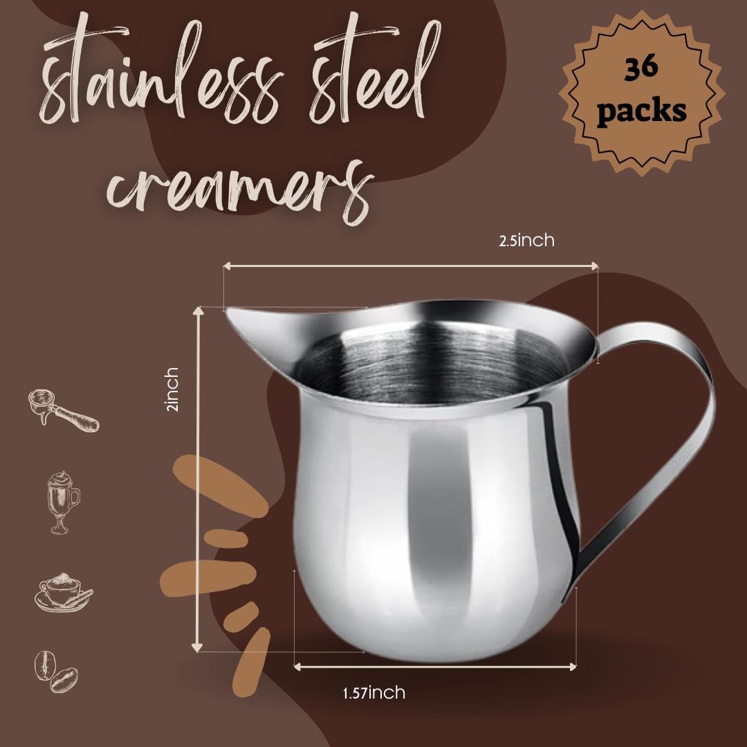 Luminel - Juego de 36 cremas de café de acero inoxidable, jarra de espresso de 3 onzas, jarra de crema de metal, taza de crema, jarra pequeña para verter crema, dispensador de leche de restaurante,