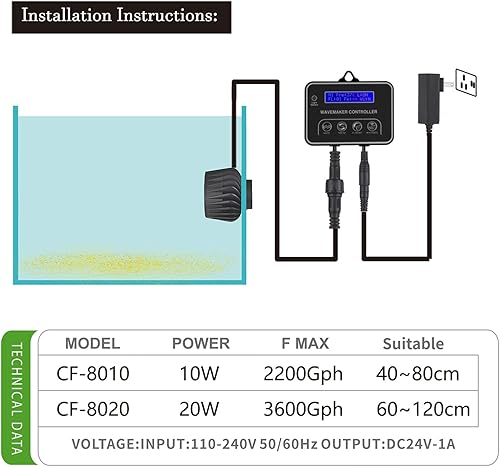 Miniatura 2 de Carefree Fish Fabricante magnético de ondas para acuario, cabezal de potencia silencioso y fuerte con controlador de pantalla LED digital, 2100 GPH