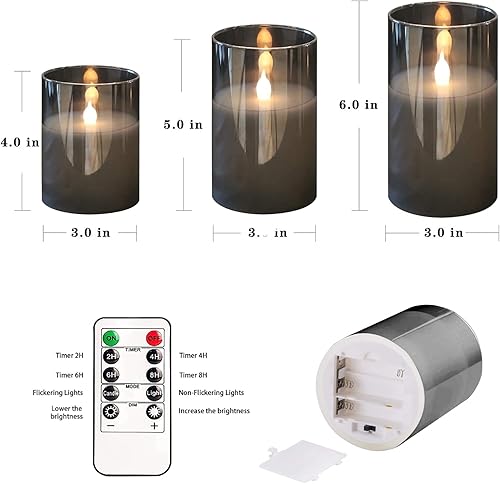 Miniatura 5 de Velas LED sin llama, velas de cristal gris que funcionan con pilas parpadeantes con control remoto, mecha 3D, luz cálida realista, velas LED