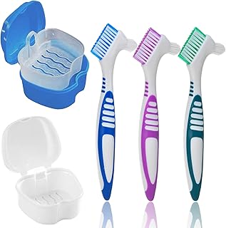 5PCS Denture Bath Case Cup Kit Denture Brush Kit Denture Cleaning Tools with 3 Denture Brushes and 2 Denture Storage Cases with Strainer Basket and Lid, Light Blue and White