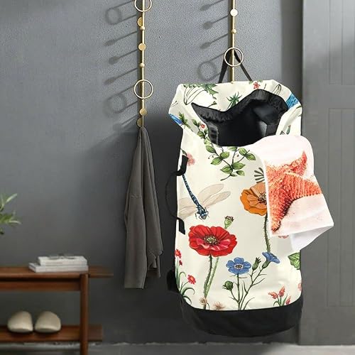 Vigtro Spring Flowers Dragonflies Large Heavy Duty Laundry Backpack Hamper With Shoulder Strips And Drawstring, Summer Poppies Green Leaves Nylon Waterproof Laundry Bag Durable For Dorm Laundromat Travel #TOP4