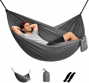 Camping Hammock Lightweight, Portable Hammocks Parachute-Hammock with Two Tree Straps, Single or Double-Hammock with Tree Straps and Carry Bag for Beach Backpacking Hiking Gray