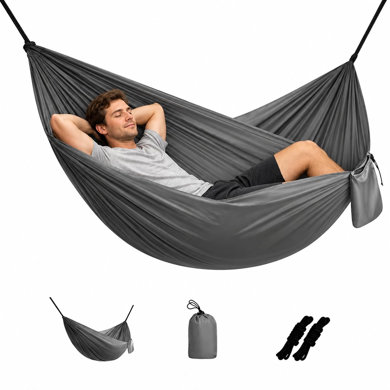 Camping Hammock Lightweight, Portable Hammocks Parachute-Hammock with Two Tree Straps, Single or Double-Hammock with Tree Straps and Carry Bag for Beach Backpacking Hiking (Gray)