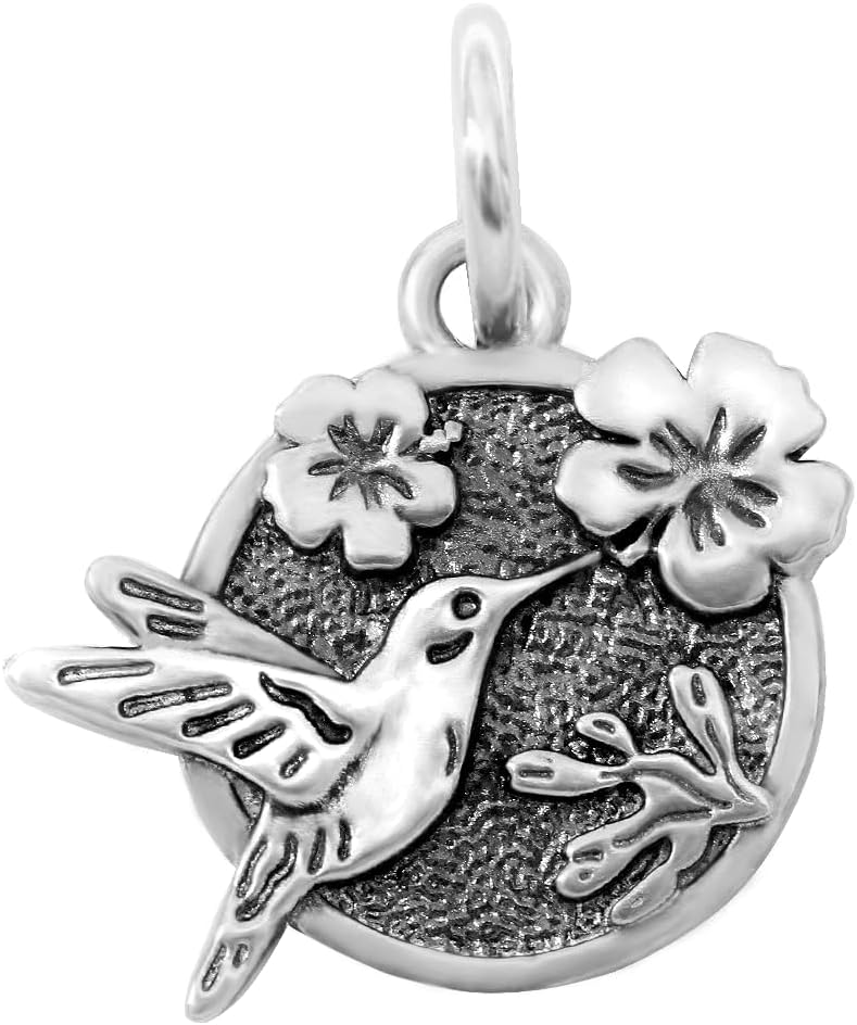 Real 925 Sterling Silver Hummingbird Pendant Charm Bird Hibiscus Flower Fit Necklace European Bracelet 3.2g
