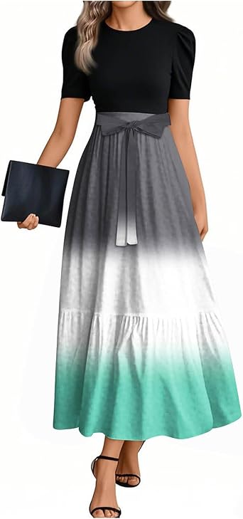 Summer Maxi Dresses for Women 2025 Tiered Empire Waist Dress with Belt Patchwork Tie Dye Short Sleeve Beach Sundresses