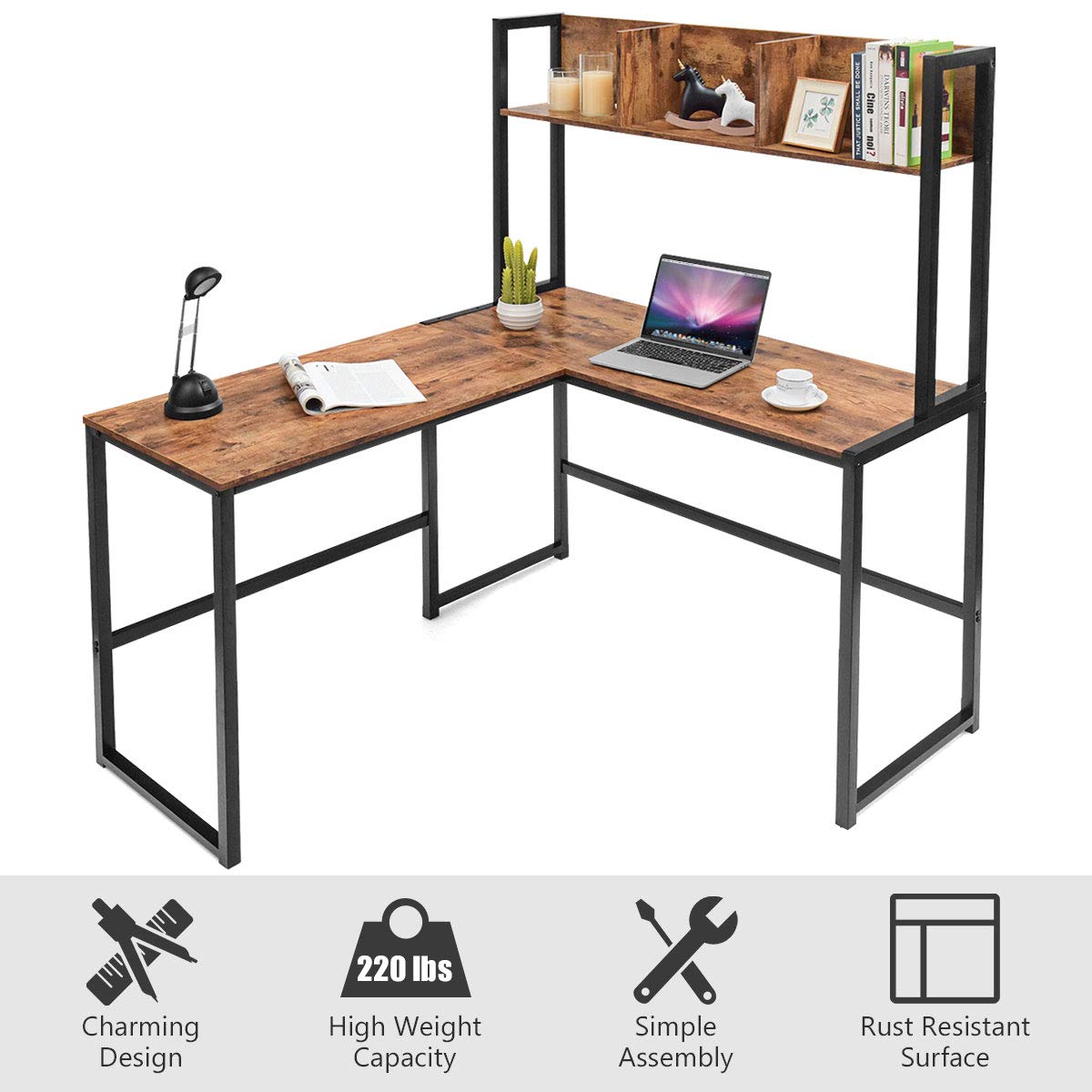 Tangkula Reversible LShaped Desk with Hutch, Space Saving Corner