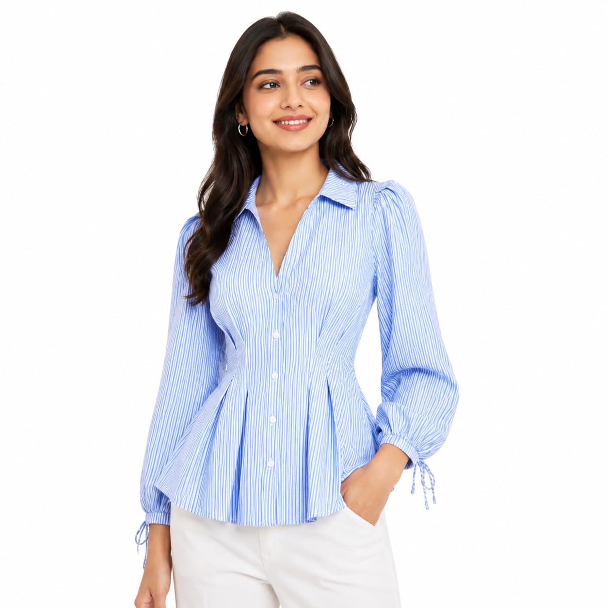 karma apparel Women's Striped Printed Fitted Waist Shirt | Button-Down Full Sleeve Casual Shirt for Women | Stylish Collared Office & Casual Wear Top-picture-43