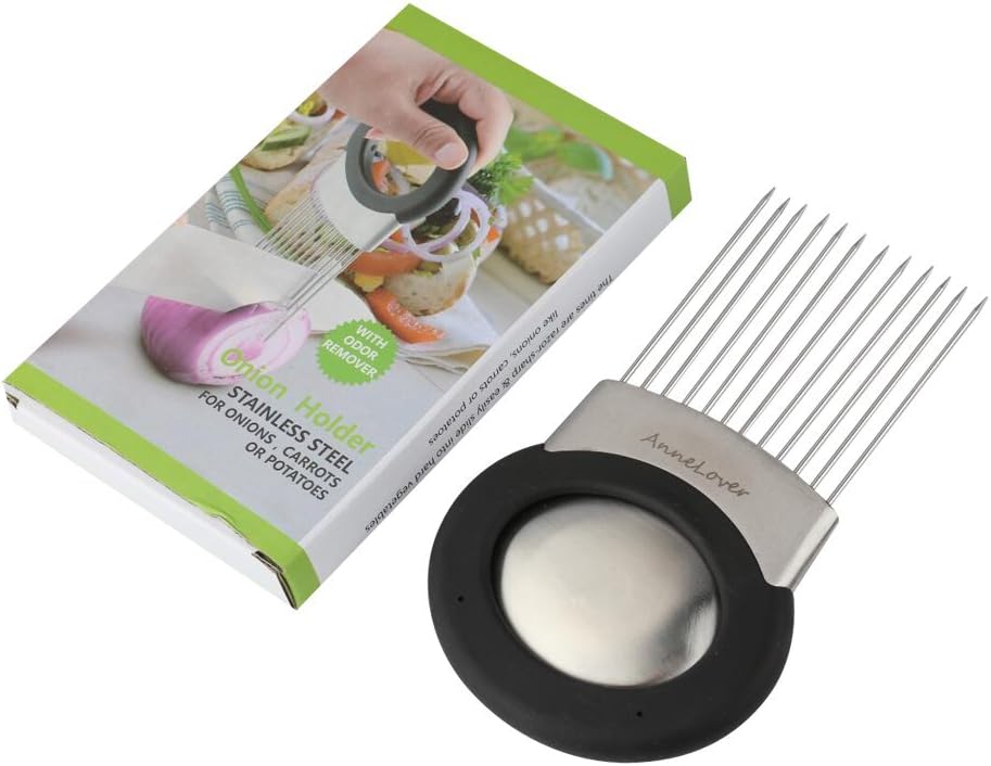 Jechery Onion Slicer Holder for Slicing and Cutting with Sharp Tines, Stainless Steel Chopping Knife Fork for Vegetable Potato Tomato Cutter Slicer Kitchen Gadgets Meat Tenderizer + Odor Remover Soap
