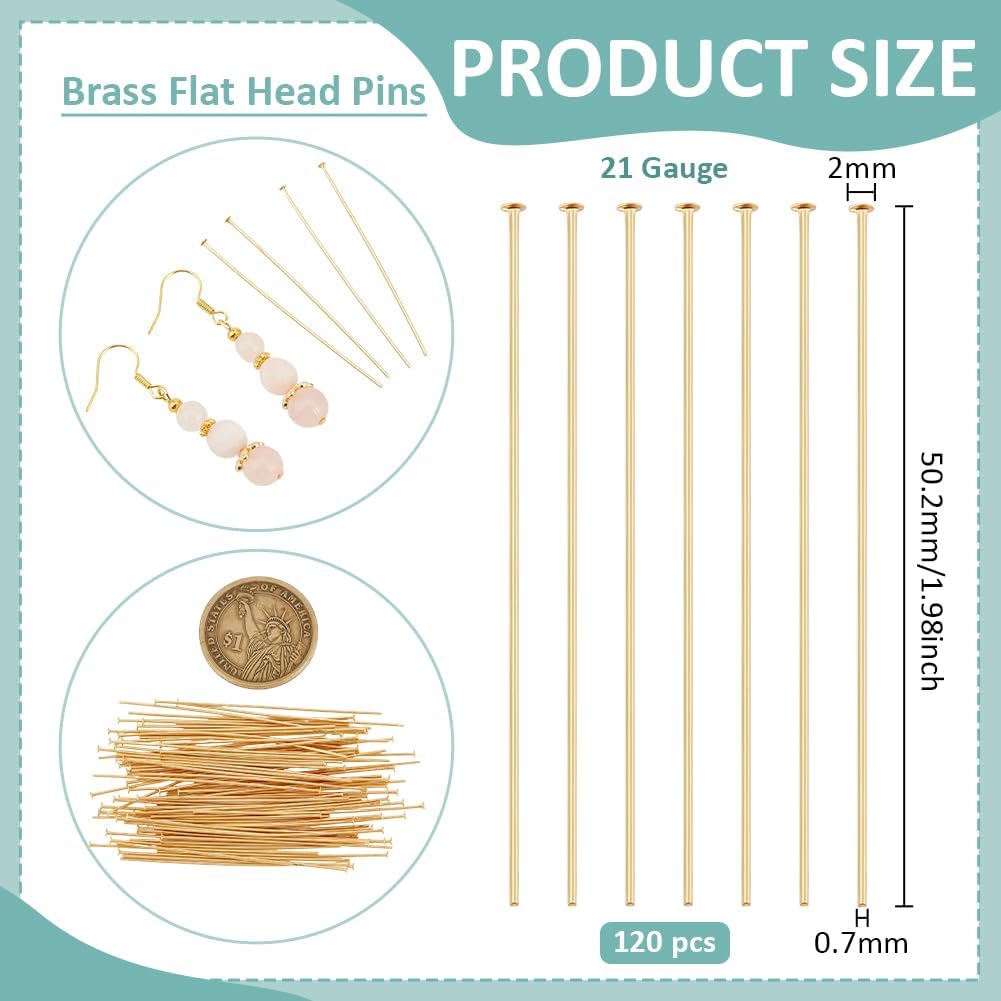BENECREAT 120Pcs Real 18K Gold Plated Brass Flat Head Pins, 2 Inch 21 Gauge Straight Head Pins for Making Earring Bracelet Necklace Pendant and DIY Jewelry