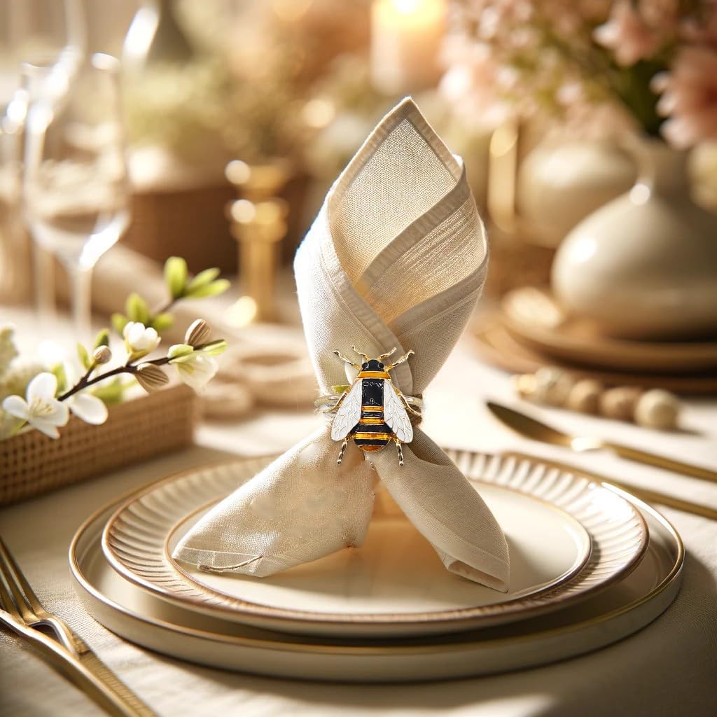 Napkin Rings Bee Dining Table Decor Soft Enamel Metal Gold Set of 12 Holders for Cloth Napkins - Easter & Valentine Gift