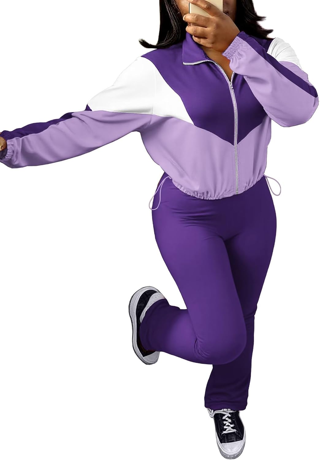 Ophestin Women 2 Piece Outfits 2025 Fall Sweatsuits Color Block Long Sleeve Zip Up Cropped Jacket Pant Set Tracksuits