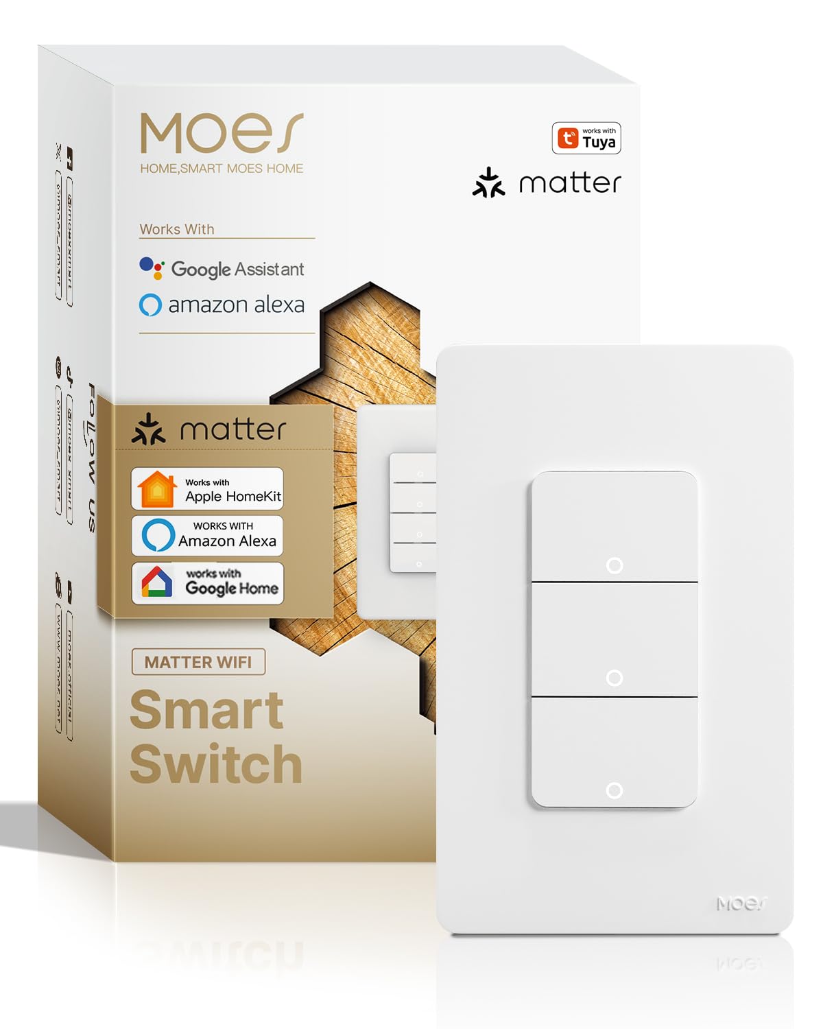 MOES Matter-WiFi 3 Gang Light Switches, Smart Triple Single Pole Switch, Netural Wire Required, 2.4GHz Switch Combo Compatible with Alexa Google