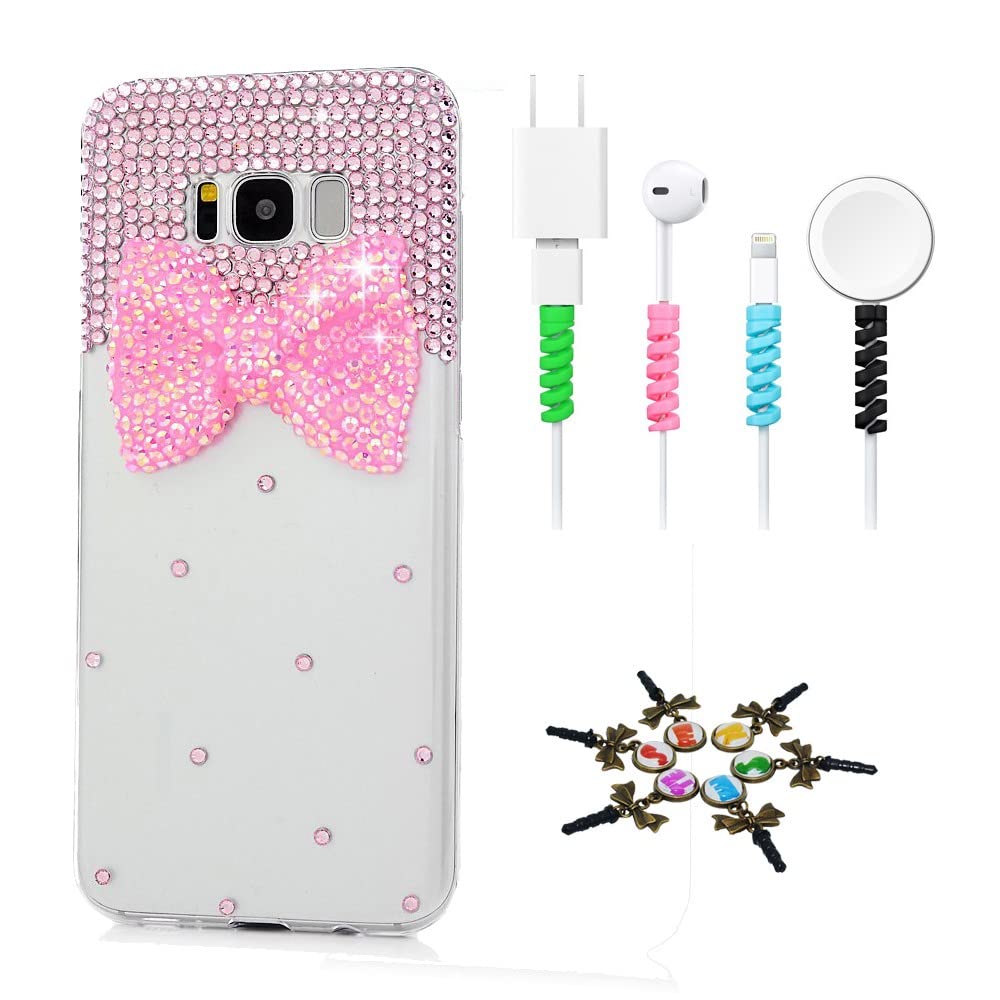 STENES Sparkle Case Compatible with Samsung Galaxy A50 - Stylish - 3D Handmade Bling Bowknot Design Cover Case with Cable Protector [4 Pack] - Pink