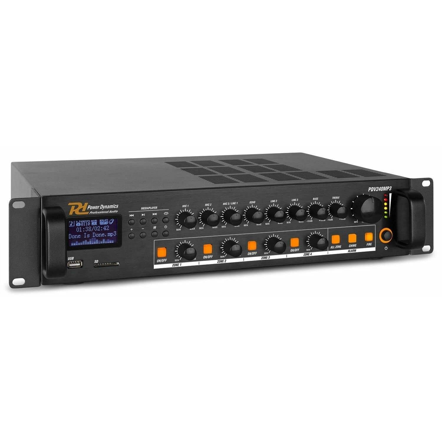 Power Dynamics PDV240 - Amplificador Mezclador 4 Zonas 240W con Reproductor USB SD Radio FM Bluetooth Mic 3X entradas Alarma Fuego 100V 8 Ohm Rack 19” Ecualizador Emergencia