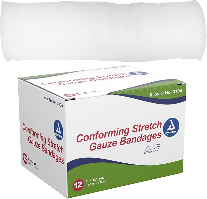 Vendas de gasa elástica Dynarex, 4" x 4,1 yardas, no estériles y sin látex, cuidado de heridas en entornos médicos y domésticos, 1 caja de 12 vendas de gasa elástica Dynarex