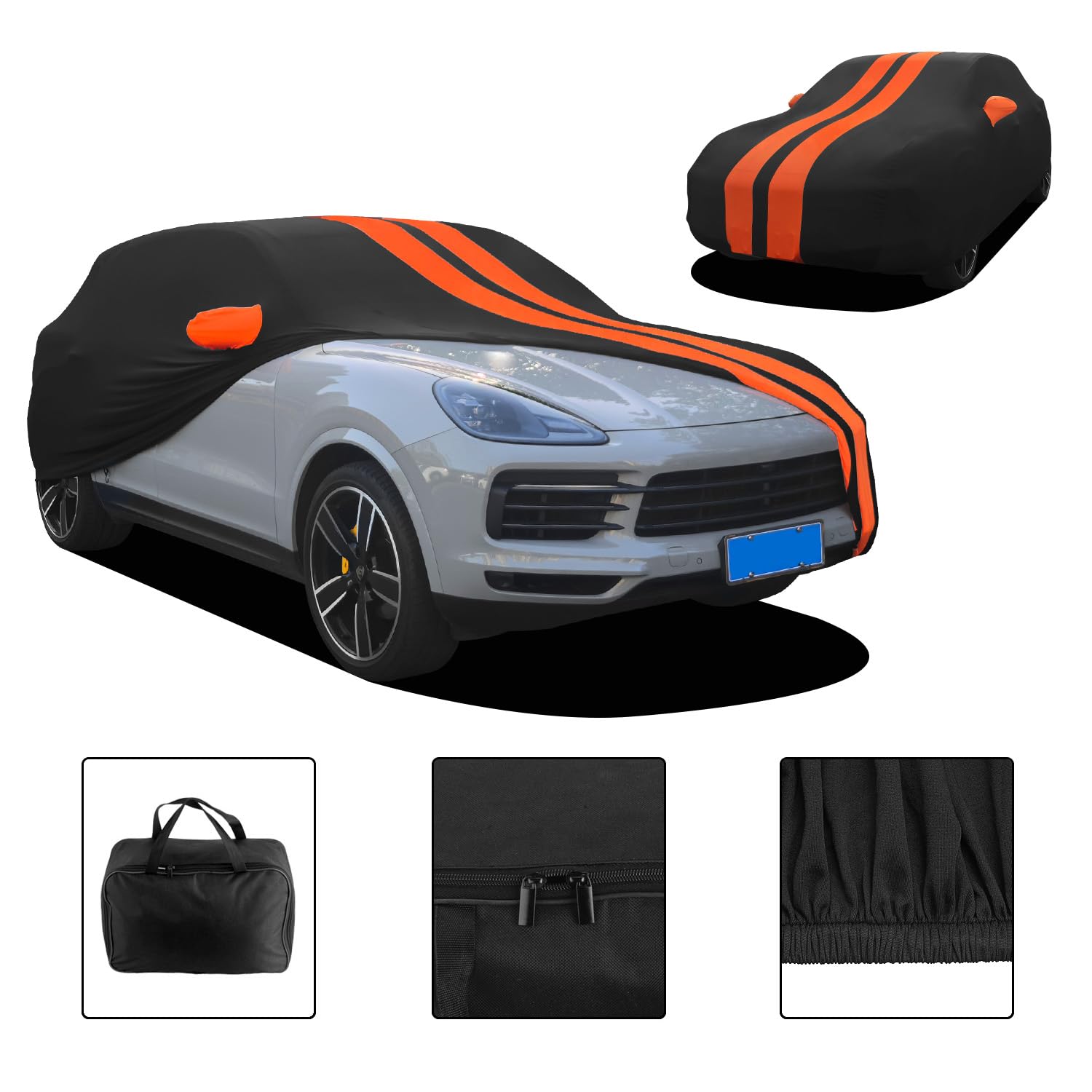 TECTICO Funda Coche Interior Completa SUV 4,75-5,1m Elástica Transpirable Stretch y Suave Antipolvo Protectora Universal, Ideal para Garaje, Subterráneo y Exhibición, Negro+Naranja