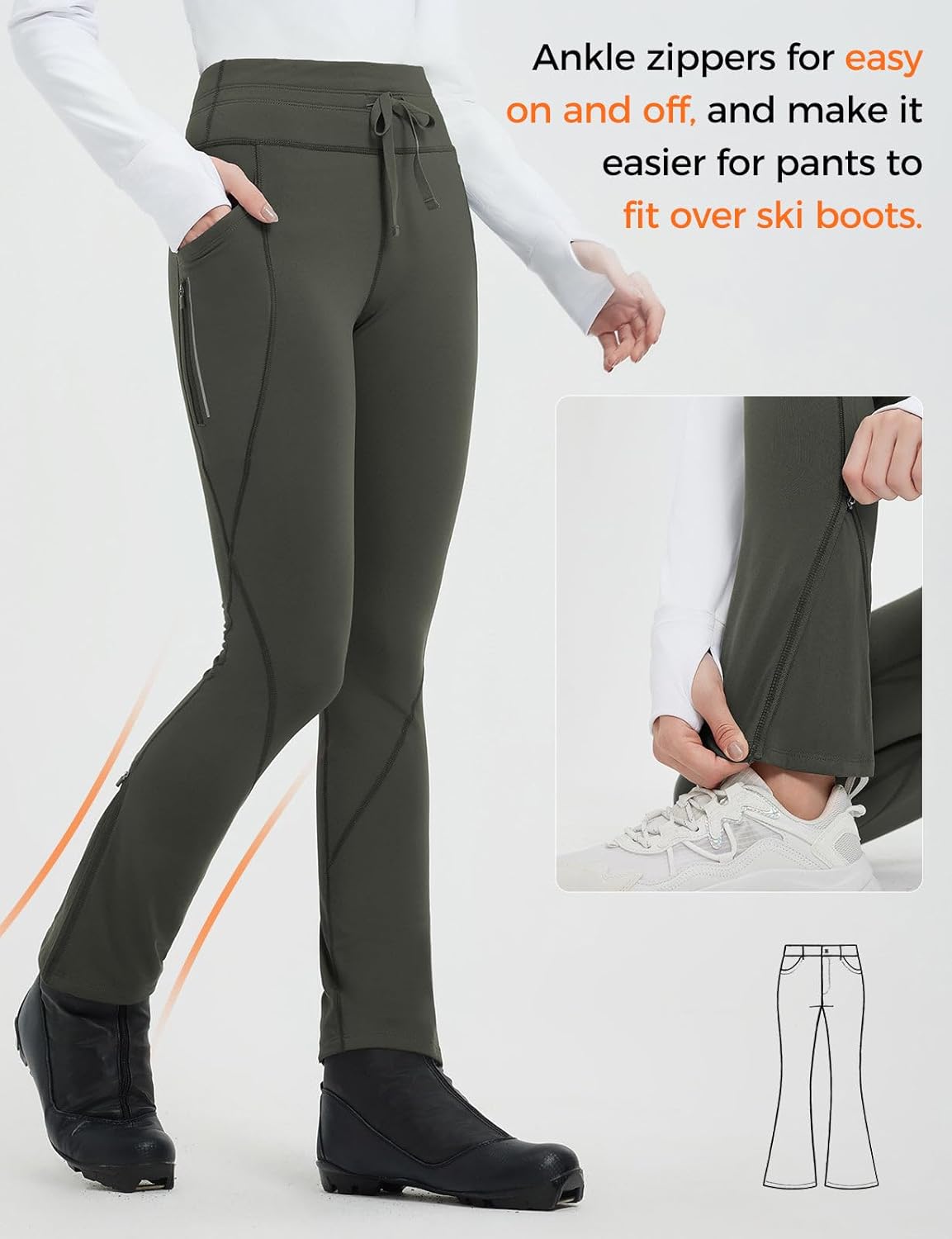 baleaf Women's Thermal Fleece Lined Leggings with Pockets Ankle Zip Reflective Water Resistant High Waisted Warm Snow Pants - Image 3