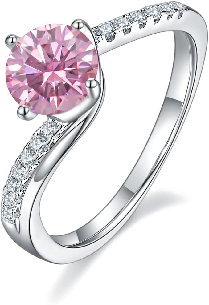 White/Pink/Yellow/Green/Black/Blue Moissanite Rings Wedding Promise Ring for Women 18K White Gold Plated 925 Sterling Silver Round Round Bypass Style Moissanite Halo Engagement Rings Christmas Gifts for Her(Size 5-10)