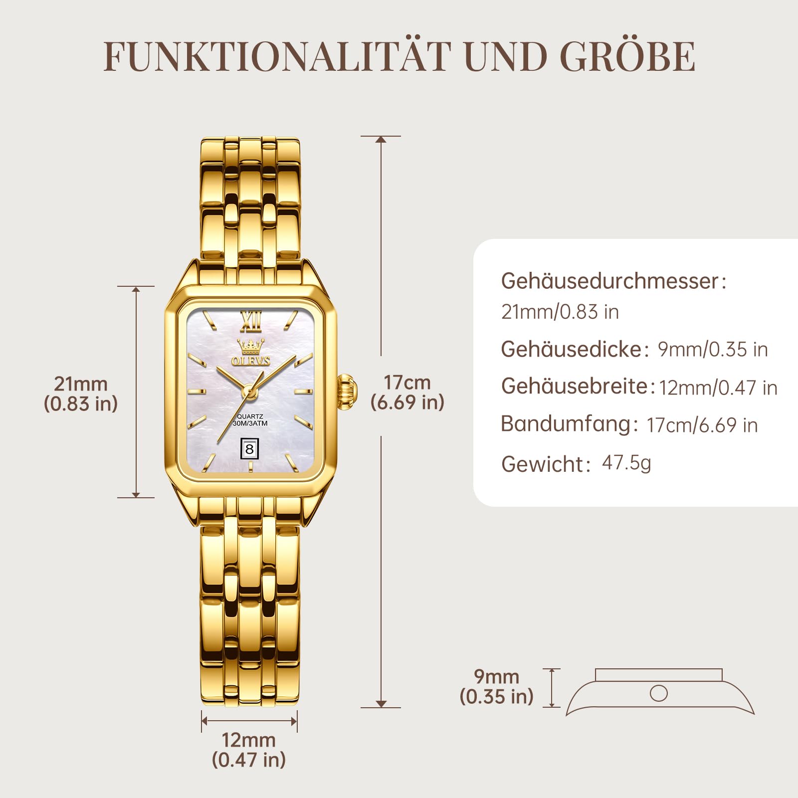 OLEVS Gold Damenuhr, Rechteckig Edelstahl Analoger Quarz Damen Uhr, Klassisches Luxus Kleid Diamant mit Datum Armbanduhr Damen
