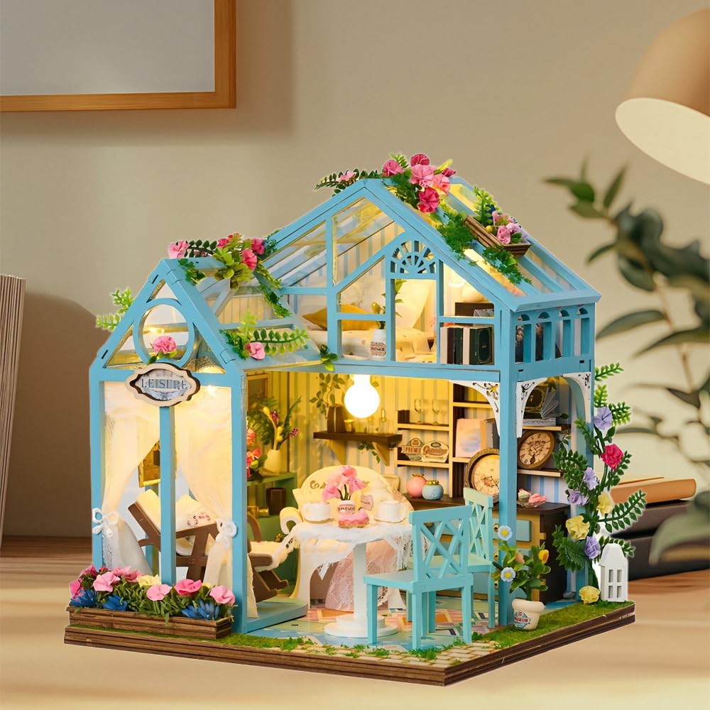 Casa de Muñecas en Miniatura Maquetas, DIY Miniature House Maquetas, Miniatura Invernadero con Luz, DIY Casa en Miniatura para Adultos, Regalo para Niño Adultos Cumpleaños Navidad