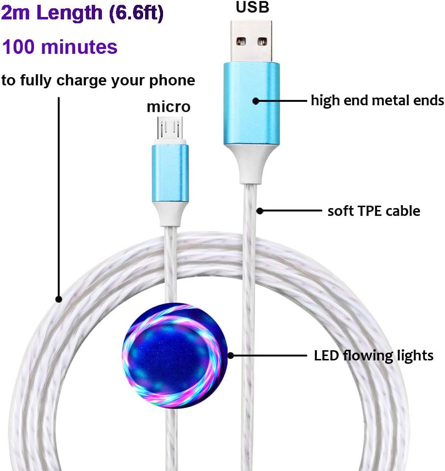 KORABA 6FT Micro USB Cable,LED Light up USB Charging Cord with Color Changing Flowing Lights (Color Change Light-Micro)