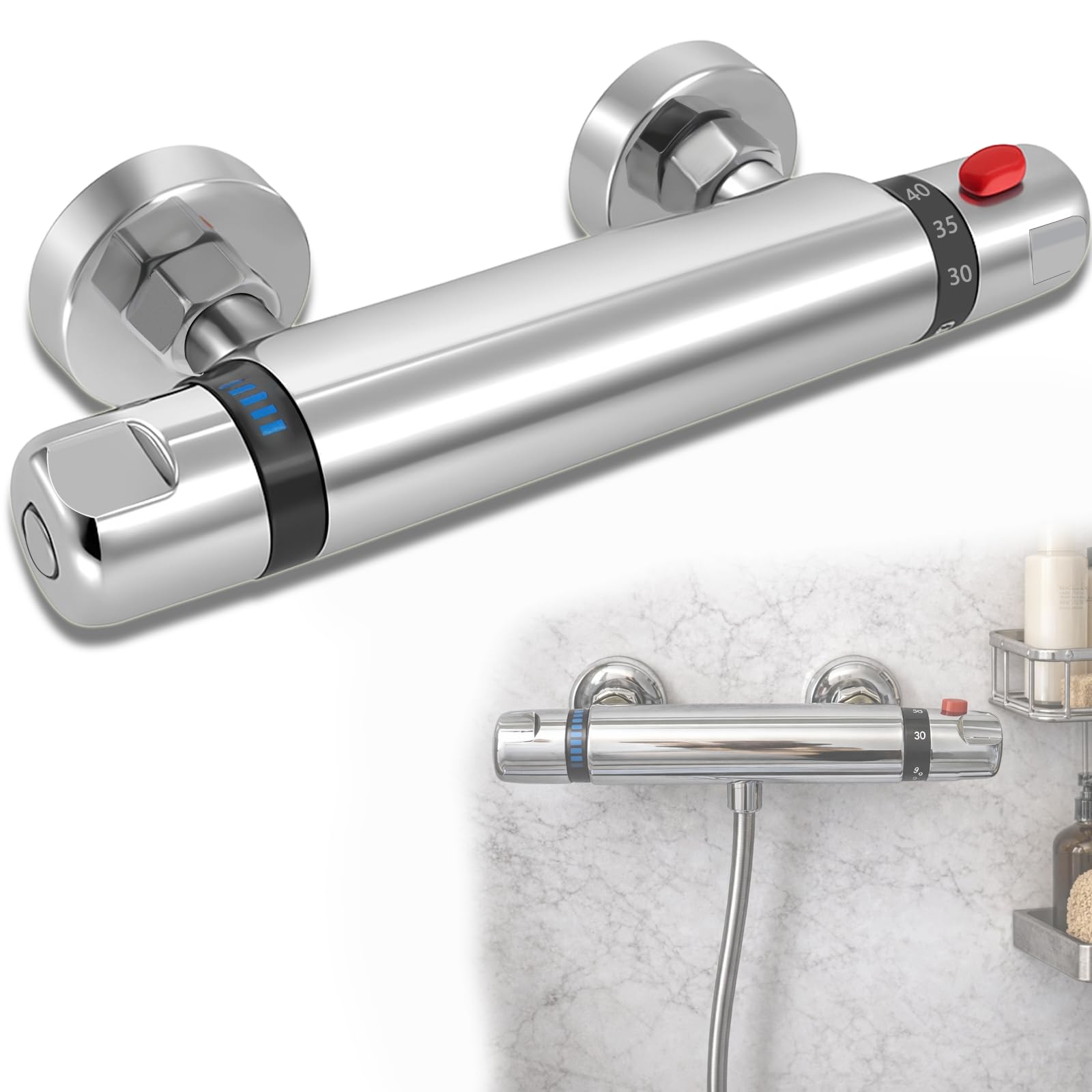 Grifo Ducha Termostático con Botón de Seguridad 38°C para Baño Moderno G1/2 | Cuerpo de latón cromado con conexión G1/2; mantiene una temperatura constante y ayuda a prevenir cambios bruscos y quemaduras