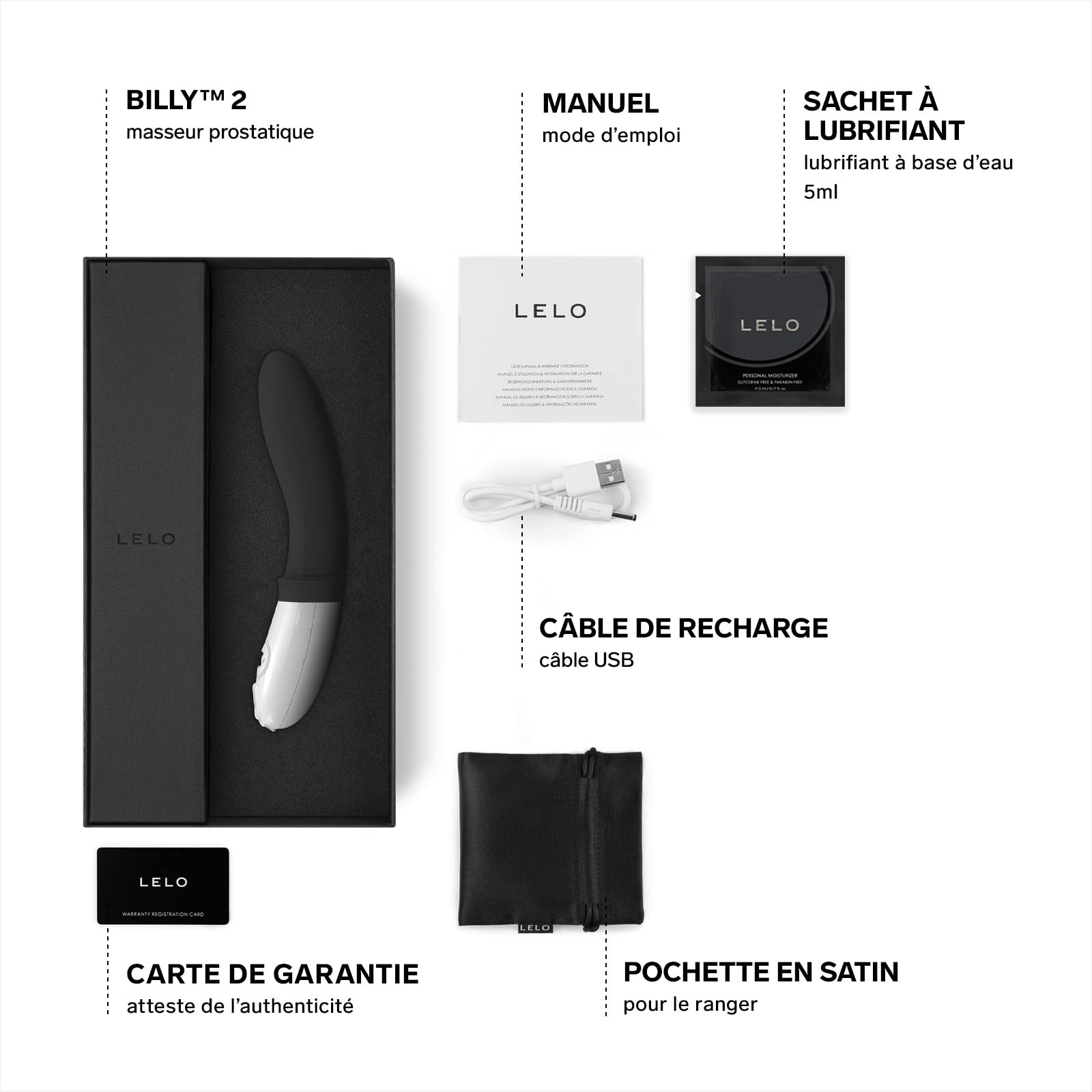 LELO BILLY 2 Stimulateur de Prostate, Plug Homme Doté de 8 Modes de Plaisir, Plug pour Homme Doux et Rechargeable, Plug Anal Homme, Plug Anal Vibrant, Stimulateur de Prostate, Black