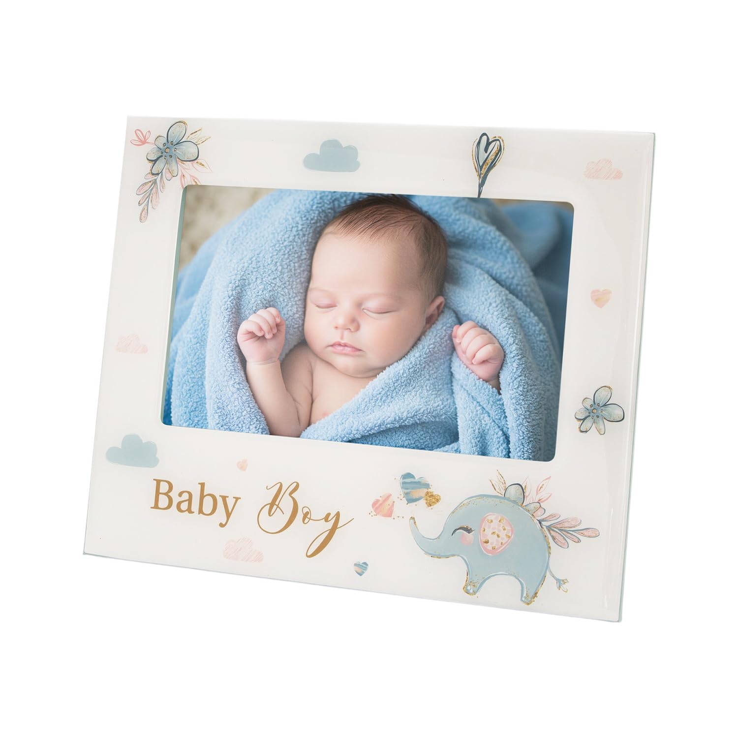 Happy Homewares Baby Boy Baby Picture Frame with Duck Egg Blue Elephant and Hearts | 6x4 Picture Insert | For Table or Wall Hanging
