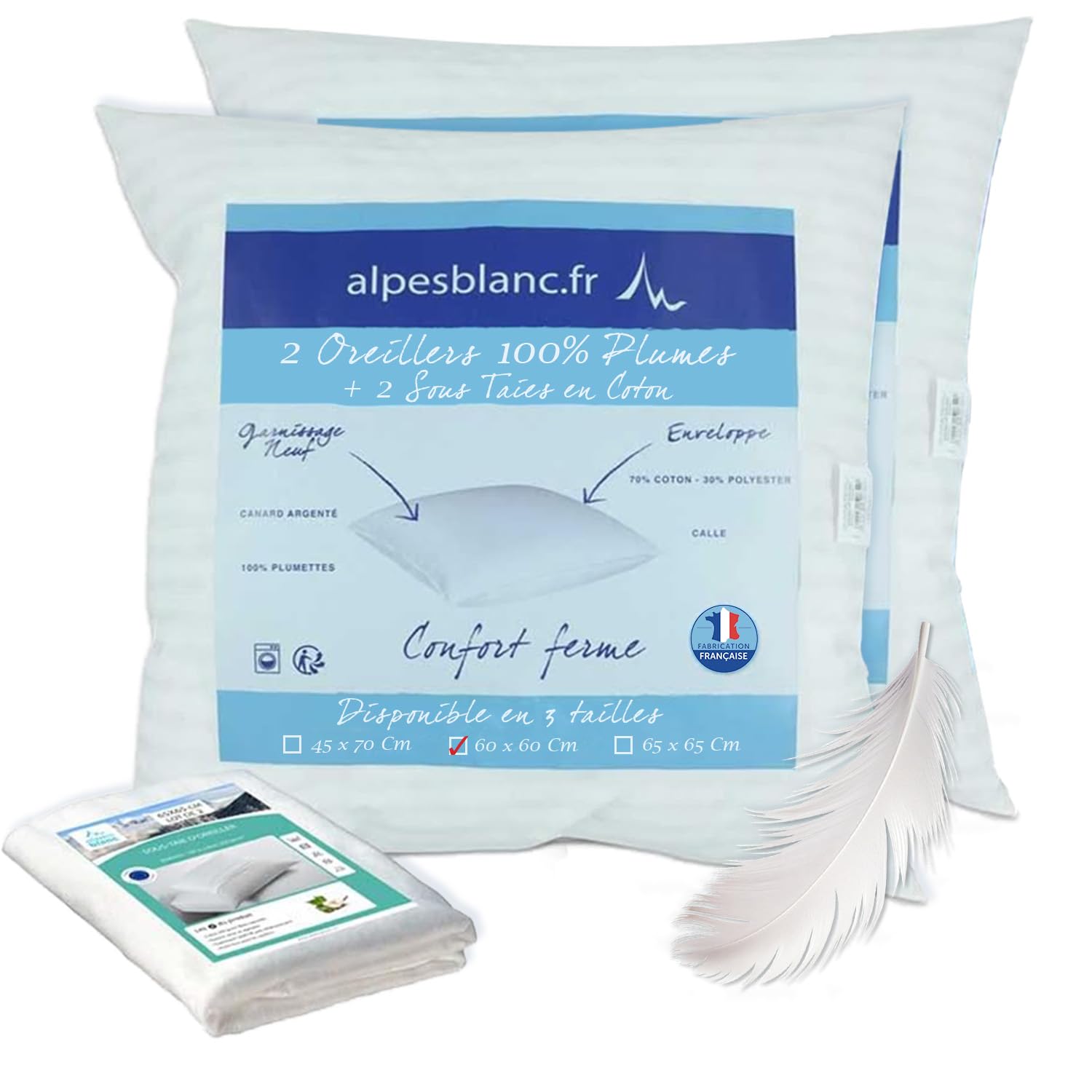 Alpes Blanc - Pack 4 pièces : 2 Oreillers en Plumes + 2 Protèges Oreillers 100% Coton - 60 x 60 cm – Accueil Moelleux, Soutien Ferme - Fabrication Française