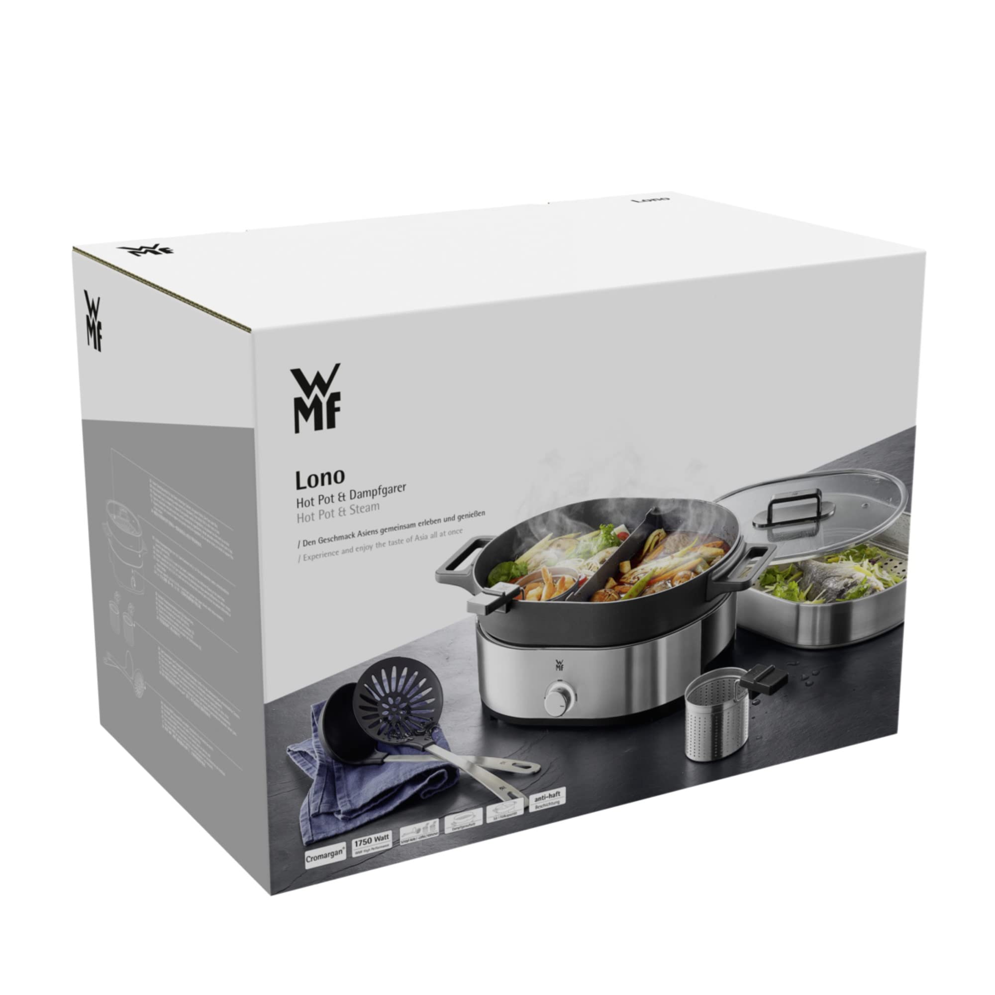 WMF Lono Hot Pot & Steamer, olla eléctrica versátil 1750 W, Negro, Acabados de Acero Inoxidable de Cromargan