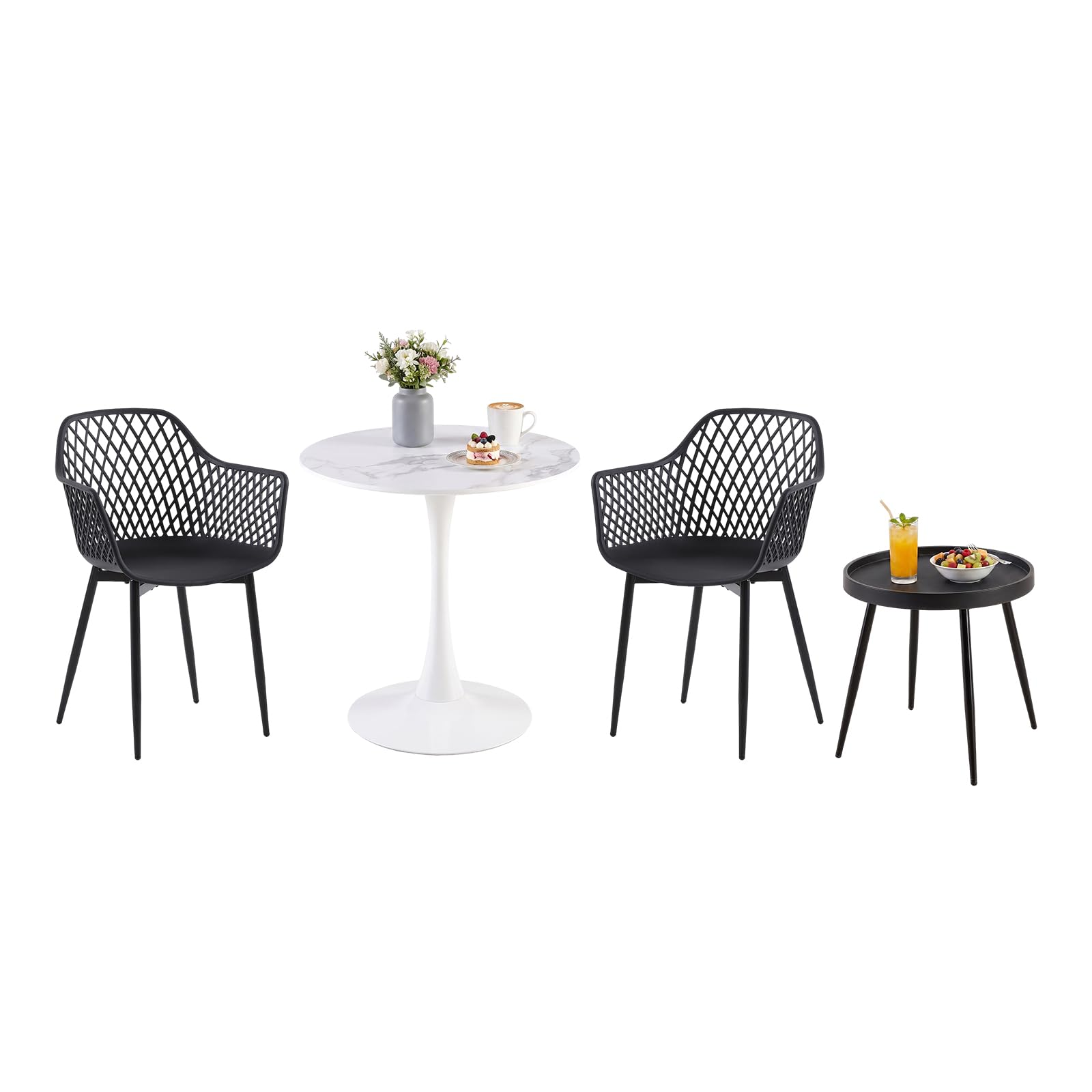 Tavolo bistrot con 2 sedie, piccolo tavolo da pranzo con 2 sedie | Set tavolo e sedie per sala da pranzo: 2 poltroncine nere + 1 tavolino + 1 tavolo effetto marmo – ⌀ 80 cm