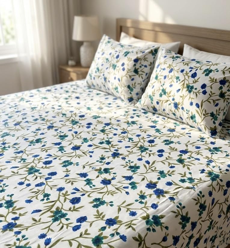 Double Bed Cotton, Cotton Blend Bedsheet with Two Pillow Covers, 6 x 7 Feet, 210 TC, Bedsheet Set (Bluebell Vine V)-picture-33