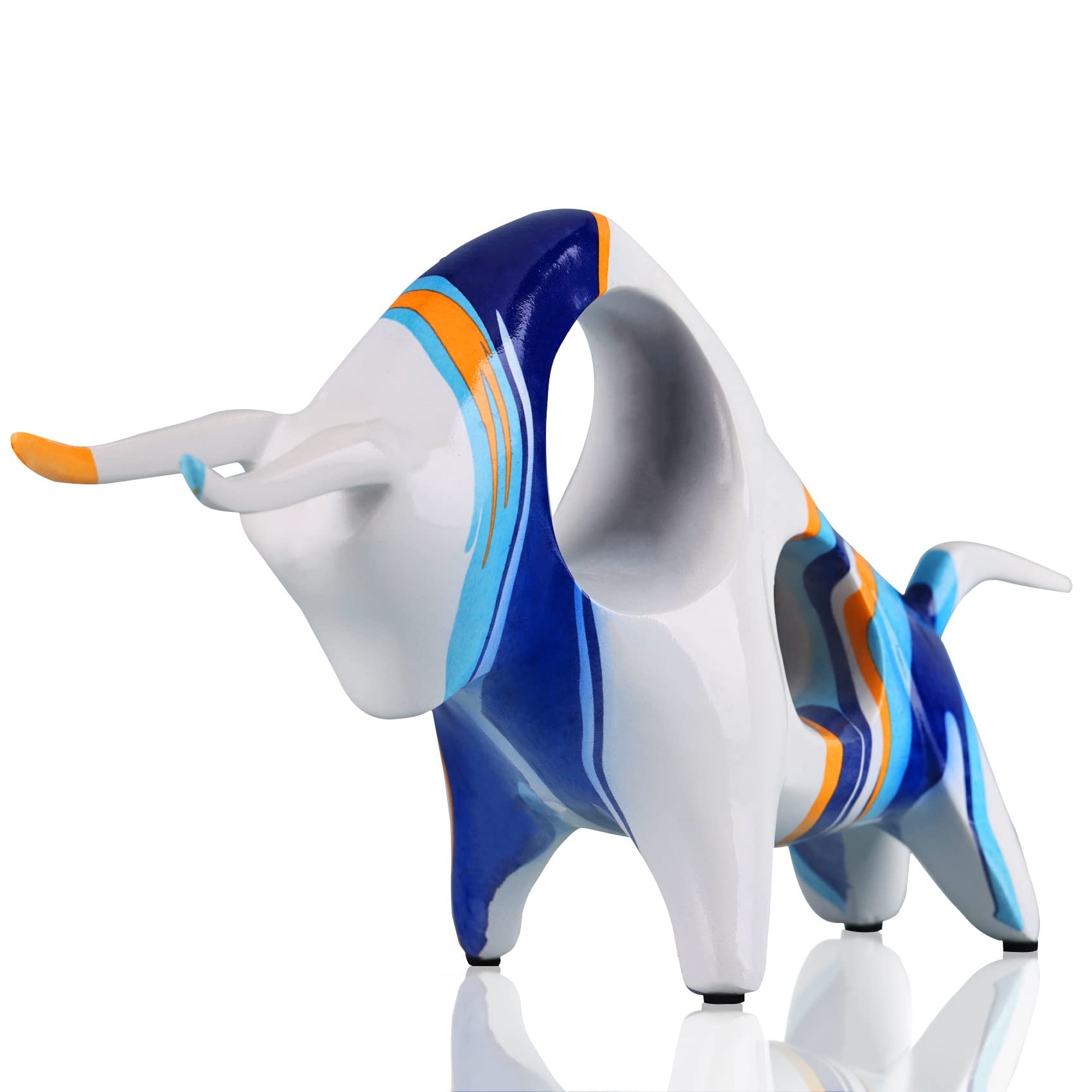 Resin blue-white Bull Statue, Minimalistic Full-Color Bull Figurine Decor, Originality Abstract Bull Sculpture Home Decor, Suitable for Interior Decor, Bookshelf, Table top, Centerpiece(Head Down Cow)