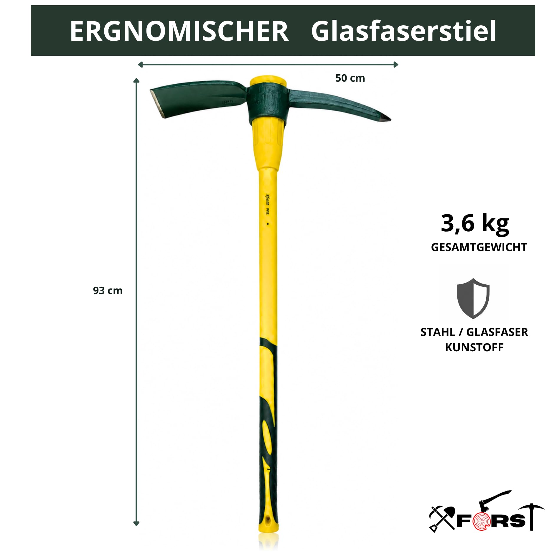 Xforst Pioche de Terrassier 3,46kg 90 cm Double Tête Acier Forgé Manche Fibre de Verre Antidérapant X-PF36