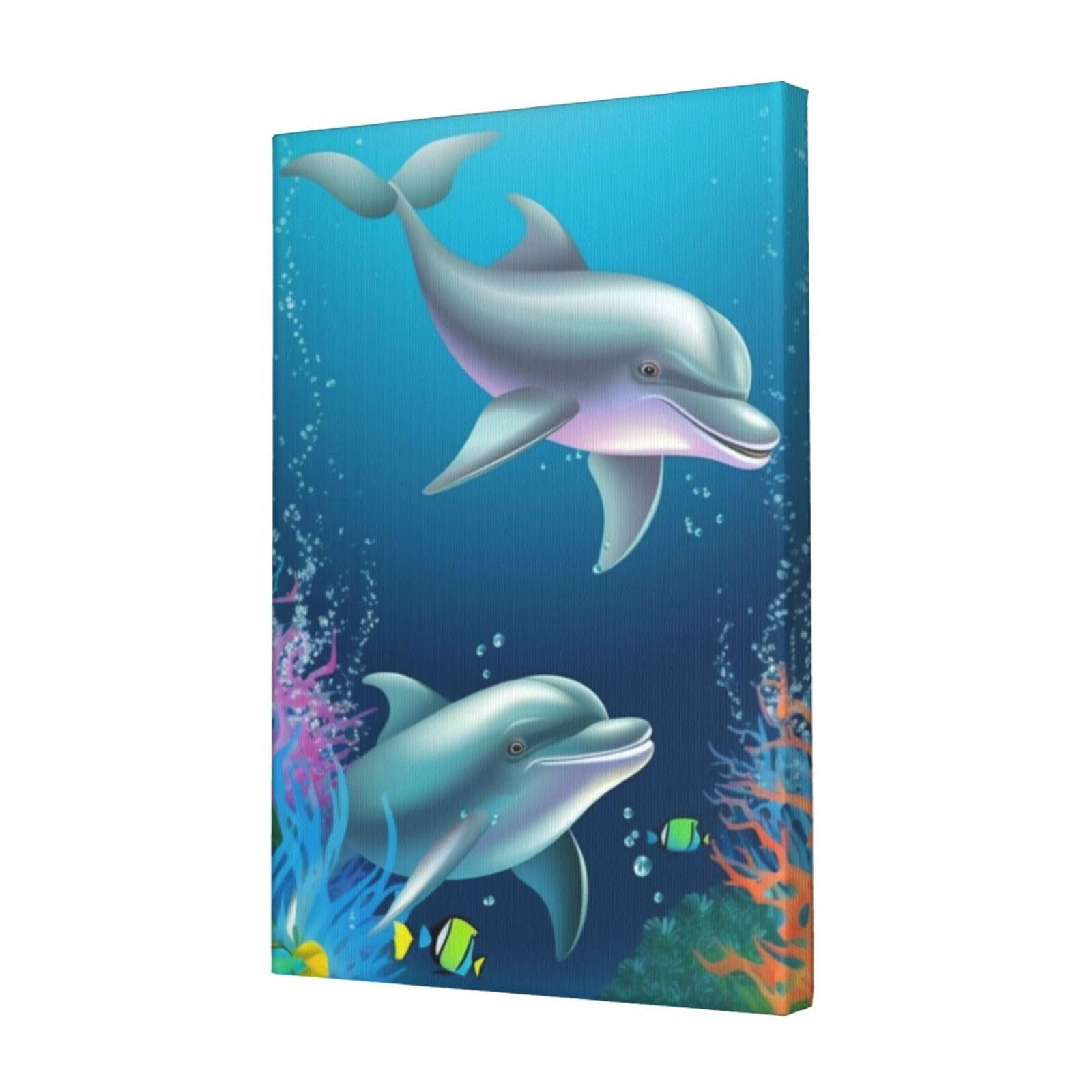 KLOPH Dolphin and fish Canvas Wall Art for Living Room 12"x18" Modern Artwork Painting for Bathroom Hanging Canvas Prints Aesthetic Wallart for Bedroom Kitchen Office Wall Decor