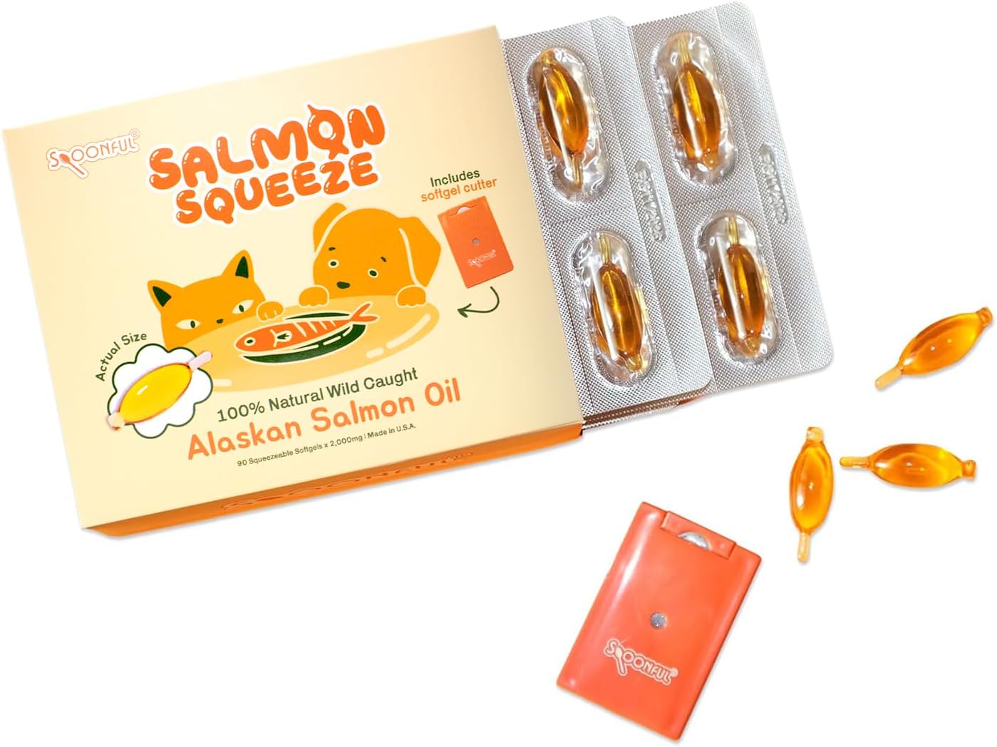 Spoonful Salmon Squeeze - 100% Natural Wild-Caught Alaskan Salmon Oil – 2,000 mg Omega-3 Softgel, 90 Squeezeable Softgels | DHA, EPA & Natural Astaxanthin, Non-GMO, Sustainable, Made in USA (90)