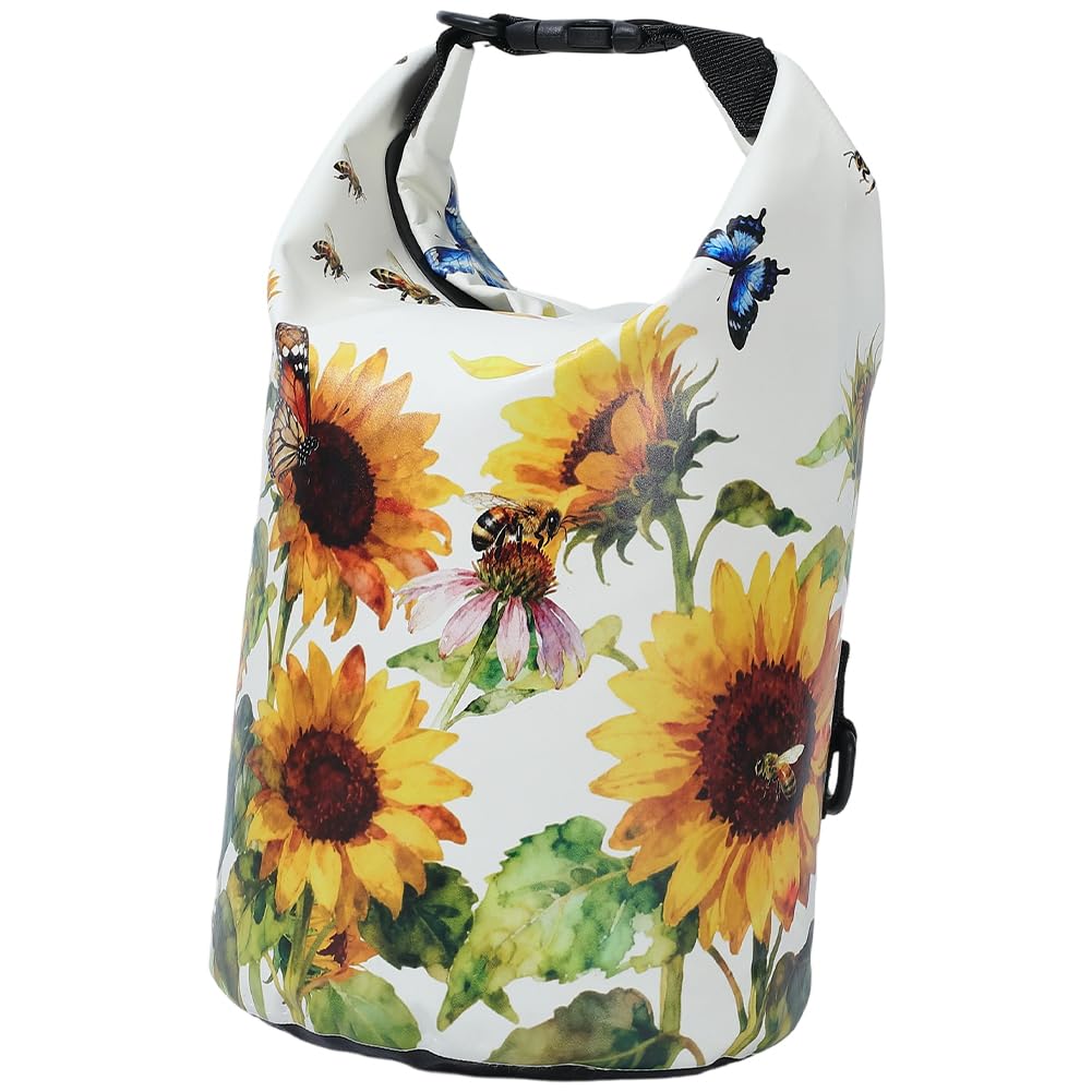 PRESSINART Dry Bags Waterproof Floral Roll Top Dry Sack Sunflower Butterflies Pattern PVC Lightweight Backpack for Travel Swimming Boating Kayaking Camping Fishing Outdoor Activities 7.5 x 14.6 Inch