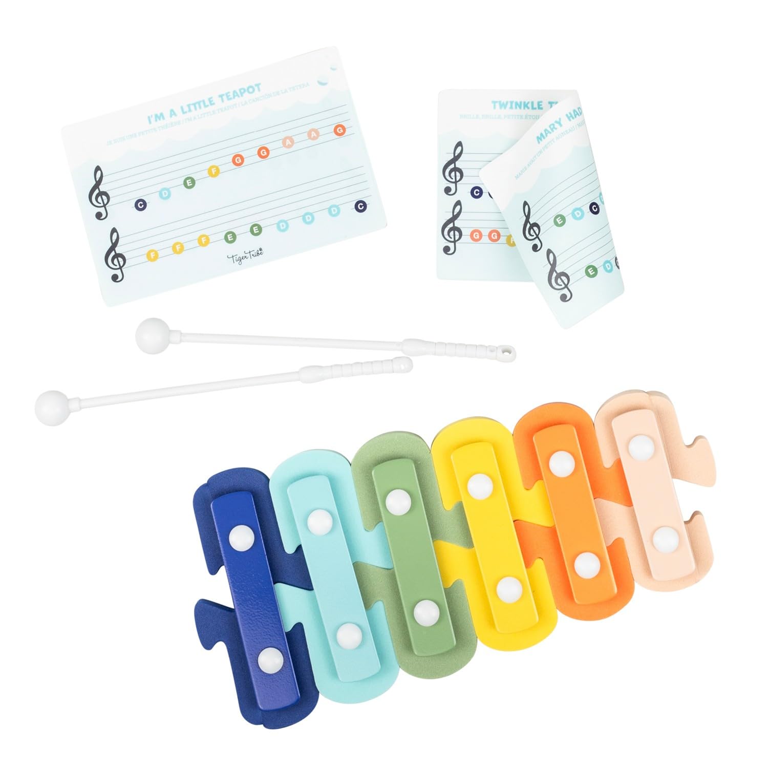 Tiger Tribe Xilófono de baño - Juguetes musicales para la hora del baño, 6 llaves de espuma entrelazadas, 2 hojas de música impermeables, juguetes acuáticos, regalos para niños pequeños, a partir de 2