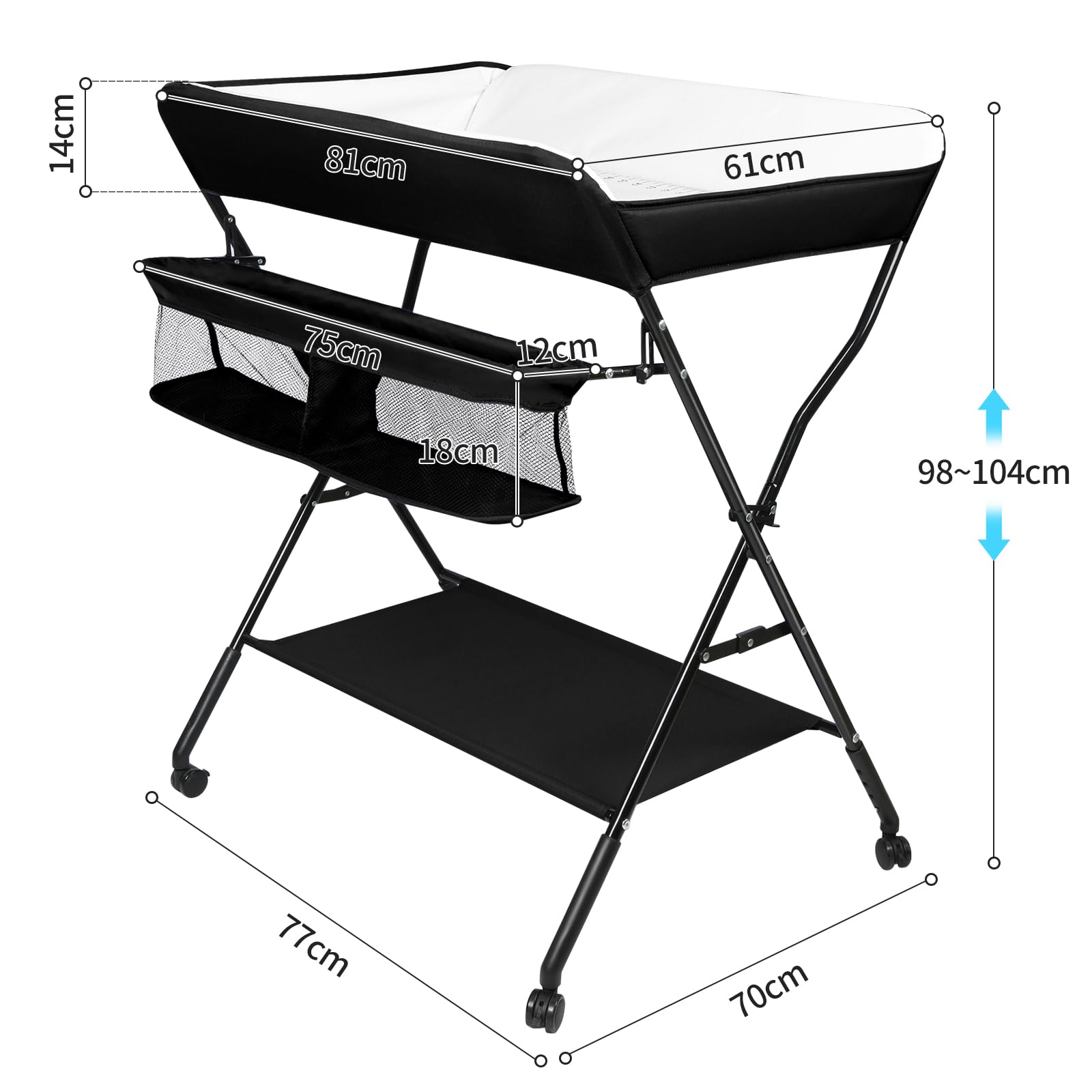Table a Langer Pliante pour Remplacement de la couche,Table a Langer Pliante avec Ceinture de Sécurité et Panier de Rangement, jusqu'à 25 kg,86 * 62 * 96 cm-noir