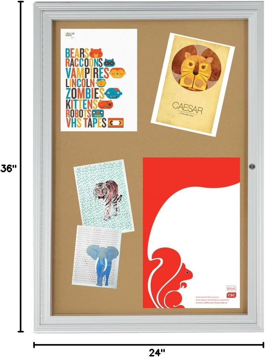 Displays2go 2x3 Foot Cork Enclosed Bulletin Board, 24 x 36 Inch with Hinged Door, Aluminum (LCRKSF2436)