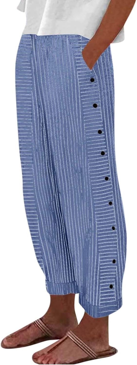 Costaric Casual Pants for Women Side Button Cotton Linen Pants Trendy Elastic Waist Straight Leg Trousers with Pocket 2026