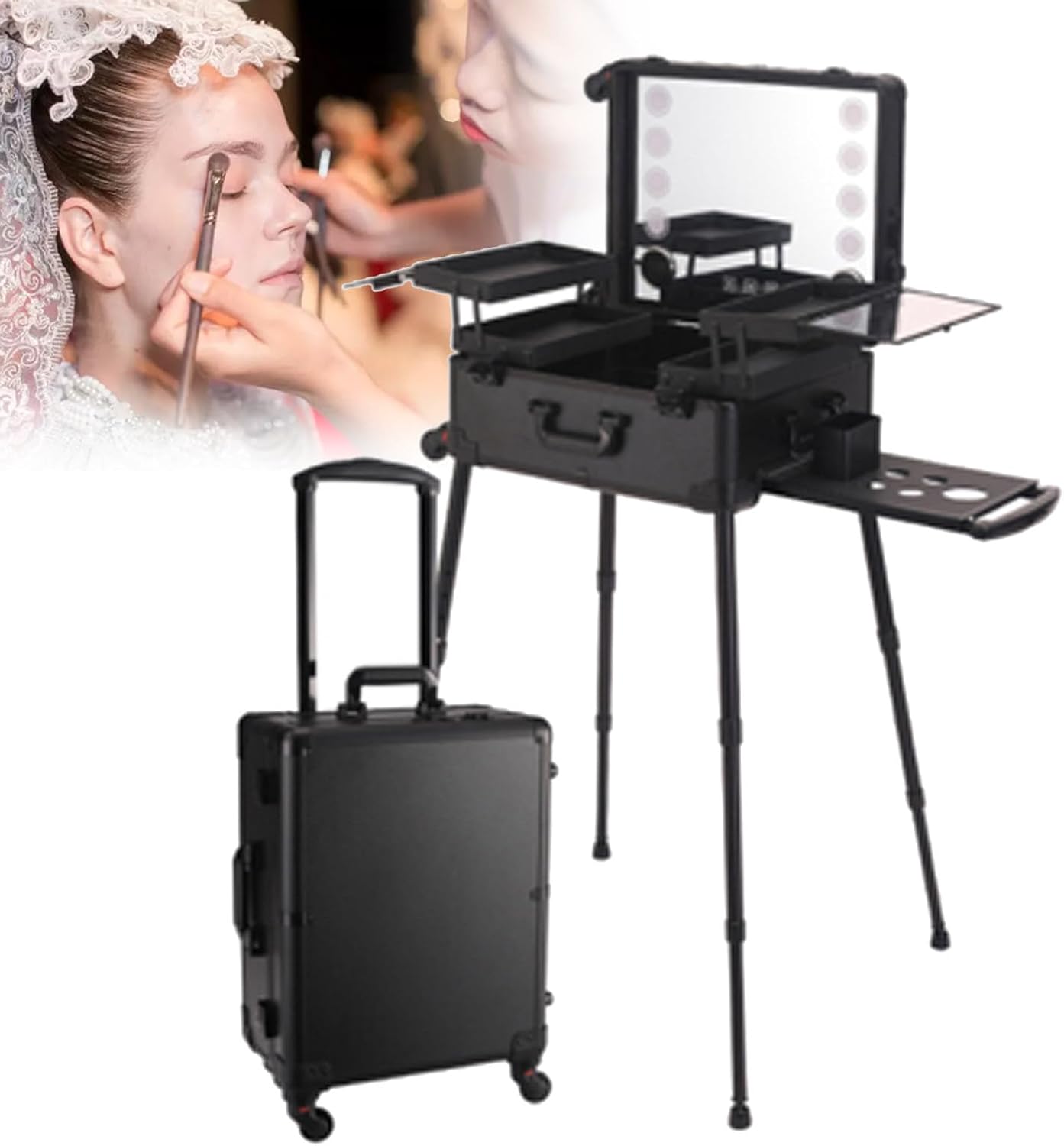 Portable Rolling Makeup Train Case,with Lighted Mirror,Foldable Nail Table Makeup Train Case, Free Standing Box (Black)