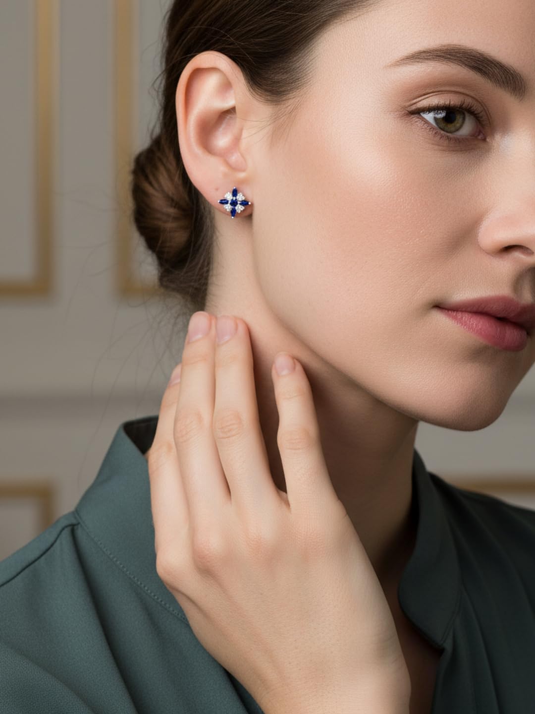 1.64 Carat Moissanite and Emerald/Sapphire/Ruby Flower Square Stud Earrings for Women, Solid 925 Sterling Silver, Anniversary Christmas Birthday Valentines Gift Wedding Earrings - Image 2