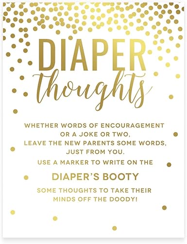 Andaz Press Colección de fiesta de lunares con confeti dorado metálico, cartel de juego de pensamientos de pañales para baby shower, paquete de 1