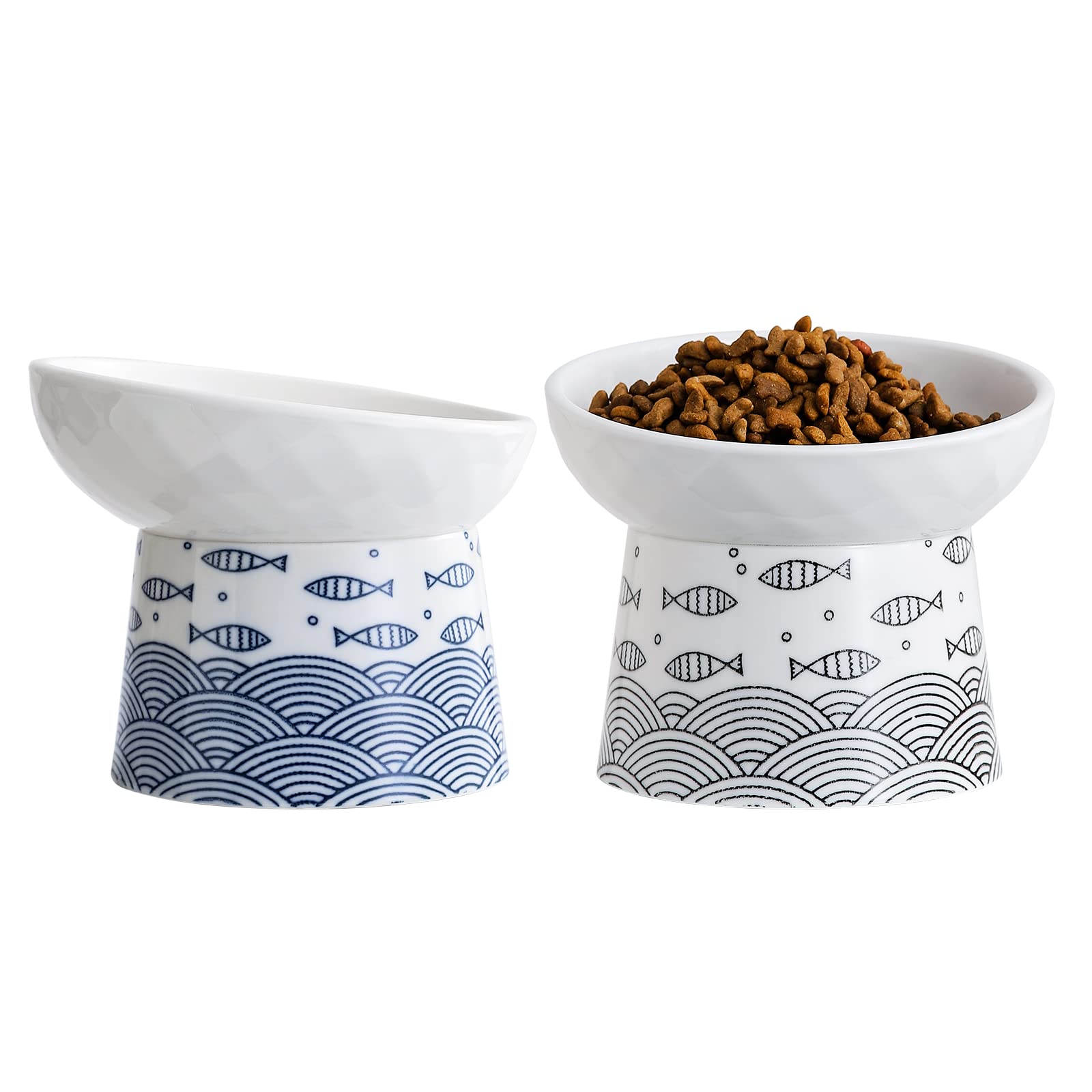 WUHOSTAM Tilted Ceramic Raised Cat Bowls, 8 OZ Elevated Slanted Food and Water Bowls, 5 Inch Wide Pet Feeder Dish for Cats, Kittens and Puppies, Stress Free, Protect Pet's Spine, Set of 2(Blue&Black)