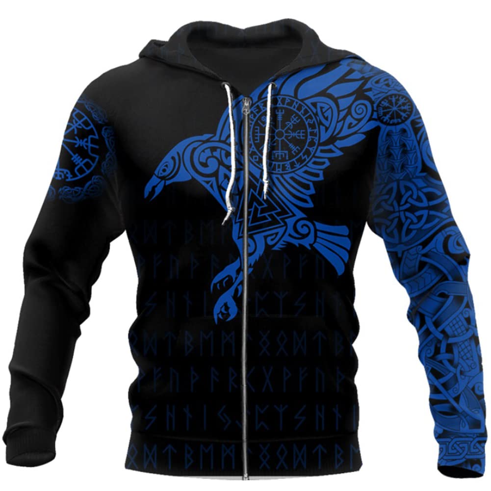 Męskie Bluzy Rozpinane Viking Tattoo The Raven of Odin Bluza Nadrukiem 3D Unisex Jesienna Nowość Odzież (Rozmiar US),Blue raven zipper,M