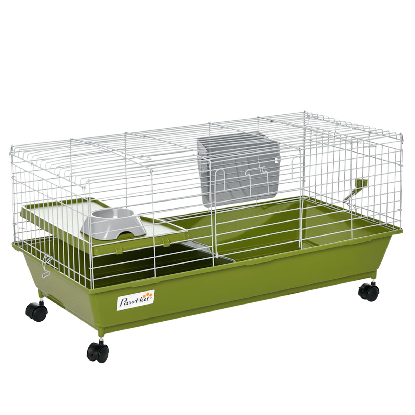 PawHut 35" L Small Animal Cage, Rolling Bunny Cage, Guinea Pig Cage with Food Dish, Water Bottle, Hay Feeder, Platform, Ramp for Chinchilla, Green