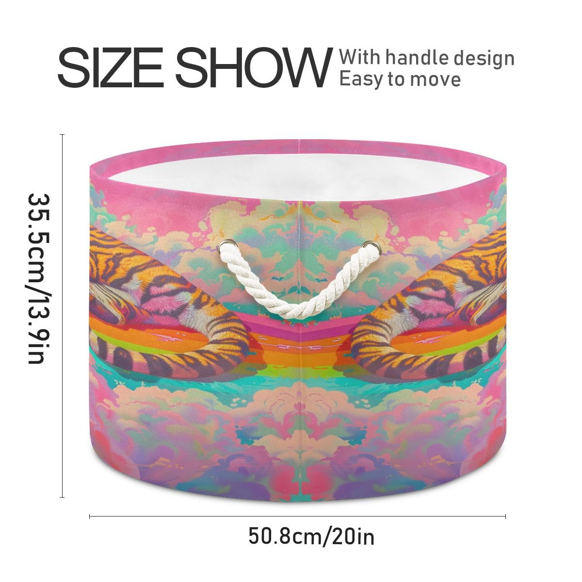 Round Storage Basket Animal Tiger in Rainbow Open Home Storage Bin 20 * 13.9in