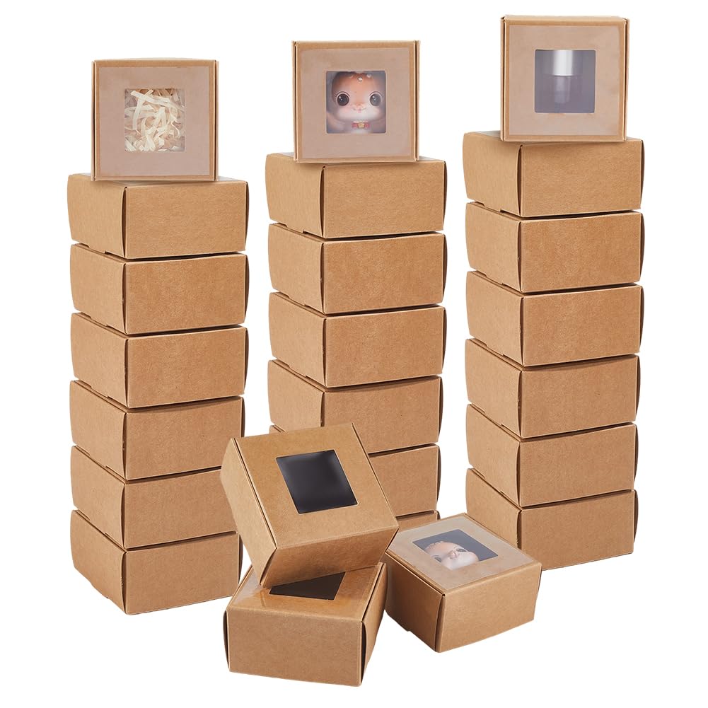 BENECREAT 90 Packs Brown Kraft Paper Gift Box with Clear Window, 7.5x7.5x4cm/3x3x1.6 Inch Small Gift Soap Boxes for Wedding Gifts, Chocolates, Cookies and Other Small Crafts