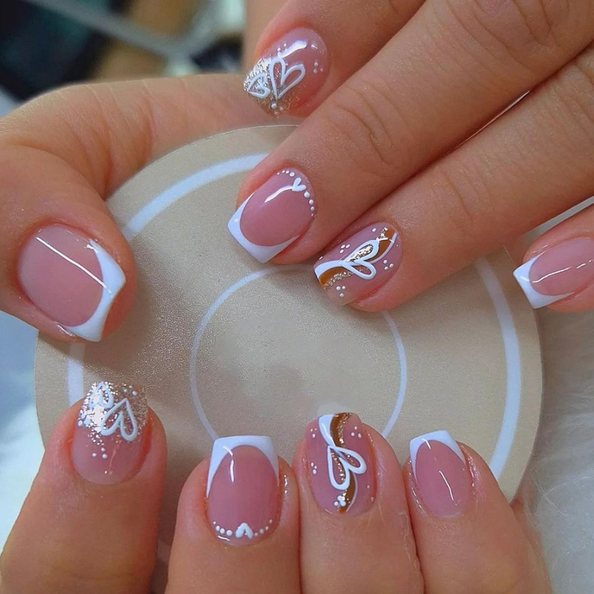 White French Tip Press on Nails Short Square Fake Nails with Glitters Line Heart Design Glossy Glue on Nails Pink Nail Tips Full Cover False Nails